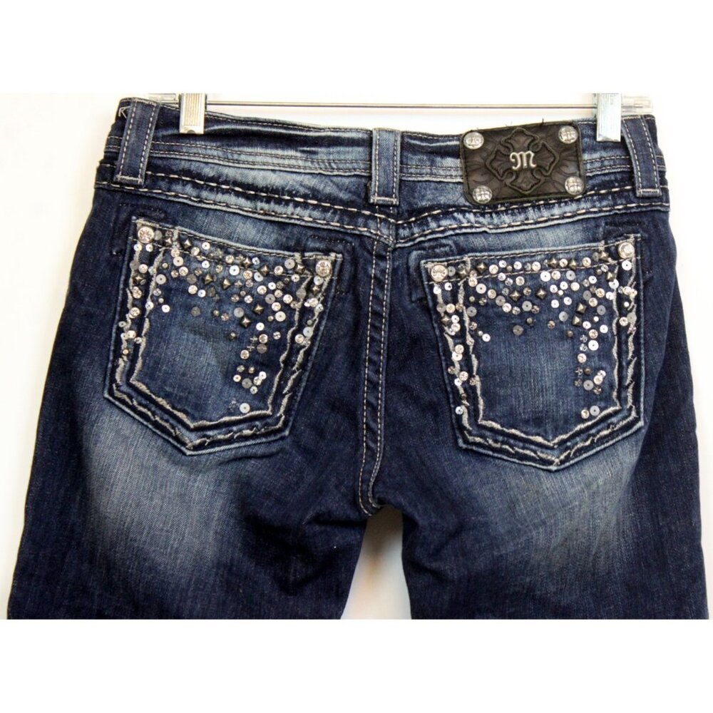 Miss Me Dark blue Denim Capri Jeans sz 29 JE5457P2 Sequins Silver Embroidery